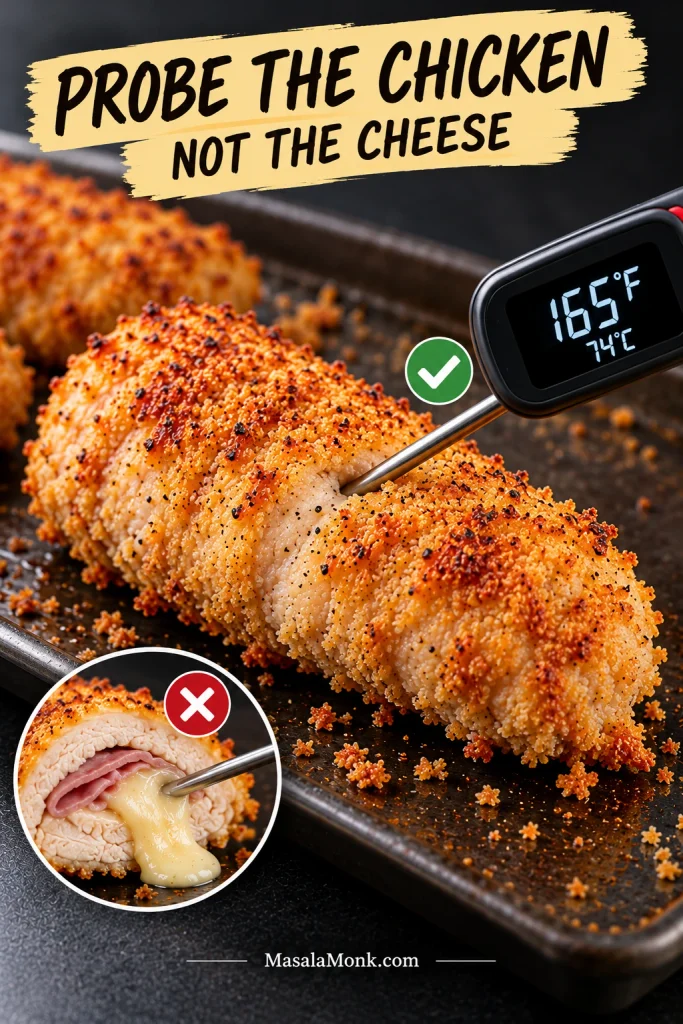 Thermometer enters the chicken from the side at 165°F/74°C; an inset marks the cheese center as the wrong place to probe.