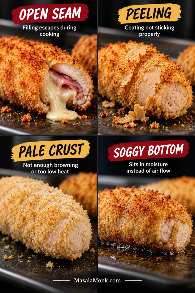 Four Chicken Cordon Bleu problems labelled open seam, peeling breading, pale crust and soggy bottom.