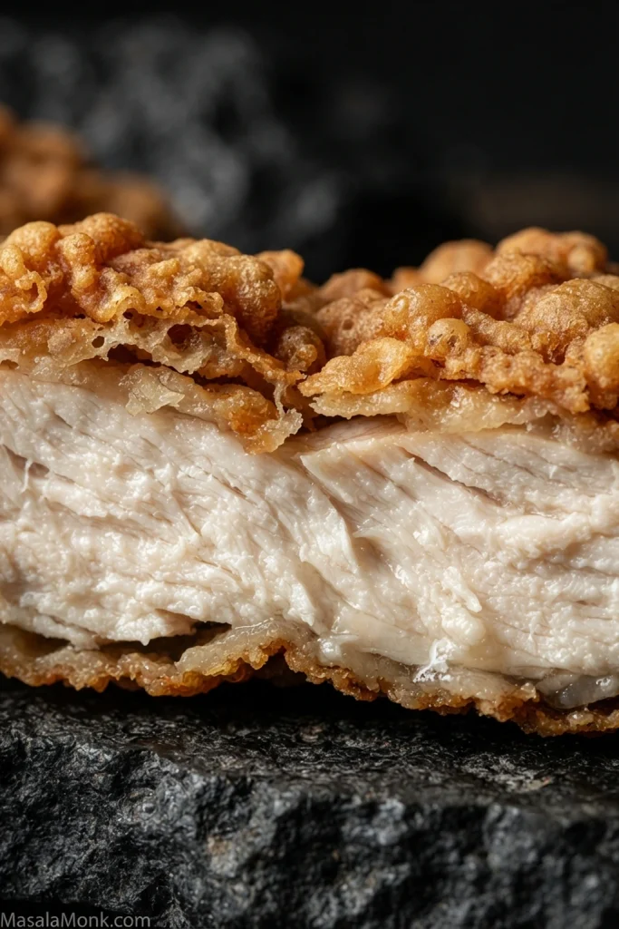 Close cross-section of fried chicken breast showing crisp golden breading around juicy white chicken meat.