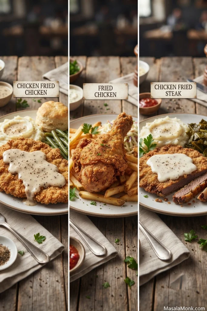 Comparison of chicken fried chicken with white gravy, bone-in fried chicken, and breaded chicken fried steak made from beef with country gravy.