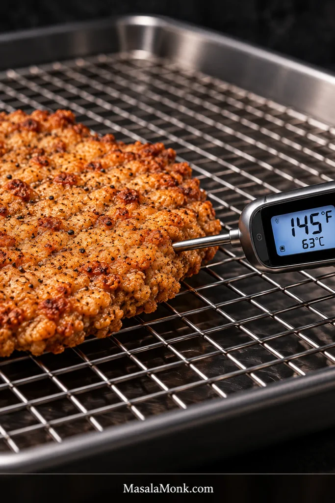 Instant-read thermometer inserted horizontally through the side of a thin breaded cube steak, with the display reading 145°F.