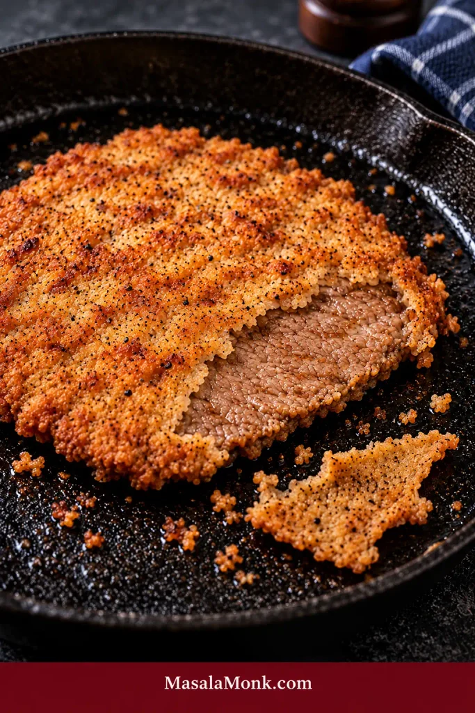 Chicken fried steak with a section of thin crust detached in one piece, exposing cooked beef underneath, with loose breading beside the steak.