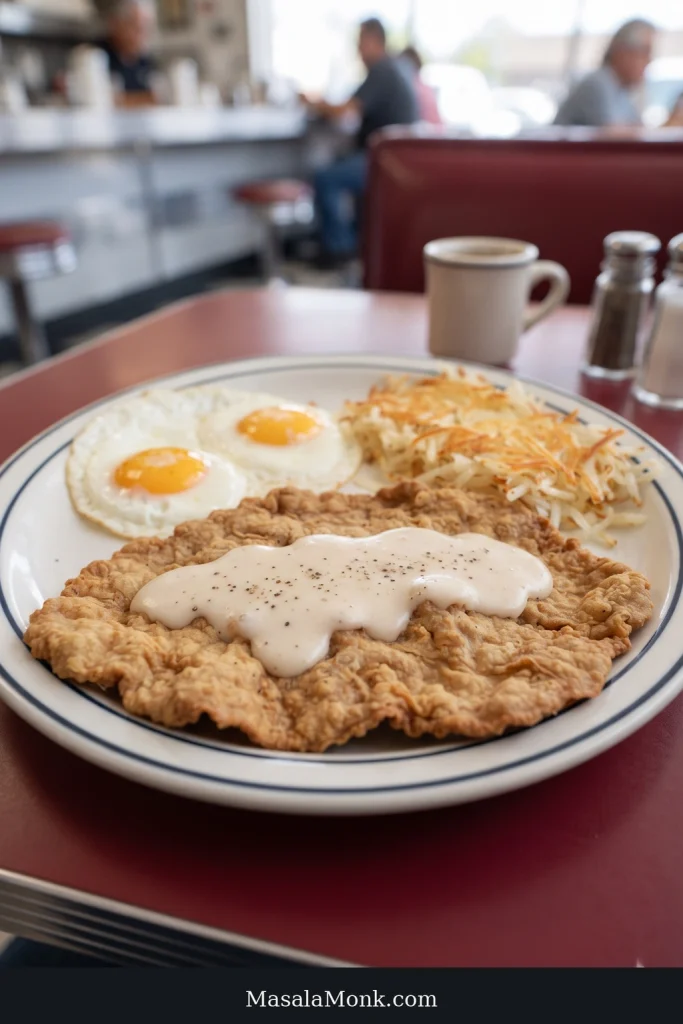 Diner breakfast plate with chicken fried steak and pepper gravy, two sunny-side-up eggs, shredded hash browns, coffee and a softly blurred diner interior.
