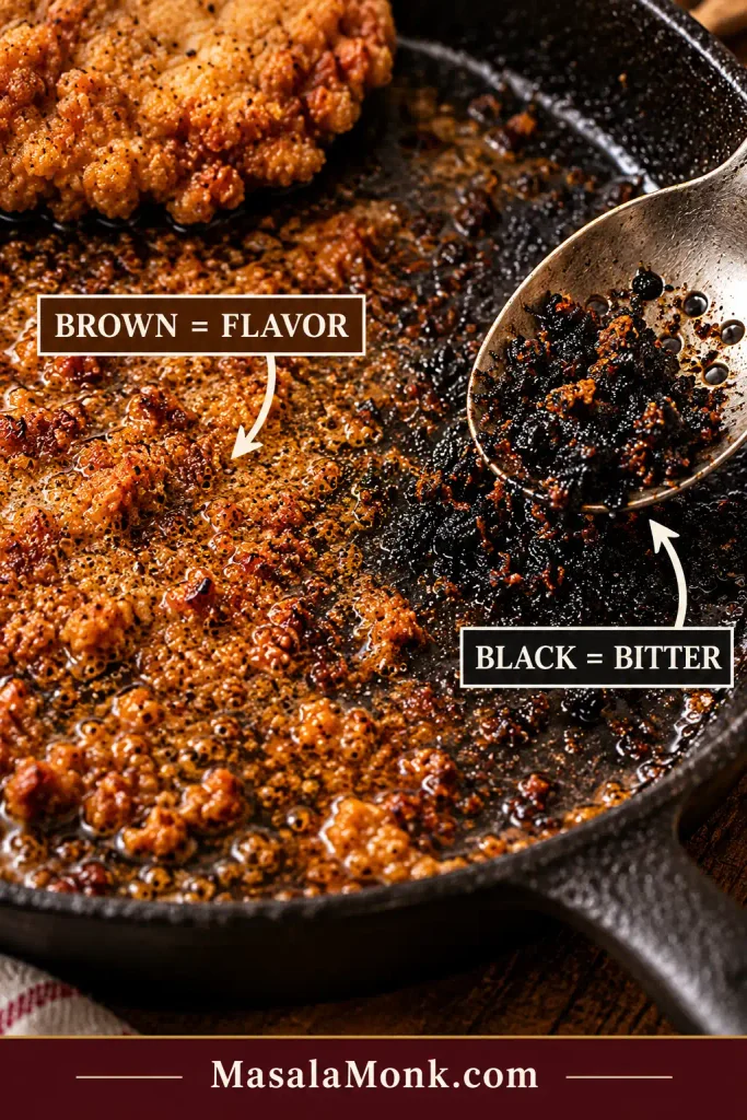 Brown frying crumbs remaining in a skillet while nearly black burned crumbs are being removed with a slotted spoon.