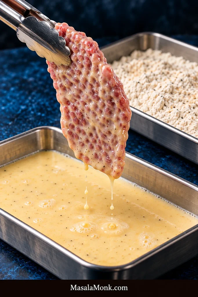 Cube steak being lifted from a buttermilk mixture with a thin wet coating clinging to the meat and excess liquid dripping away.