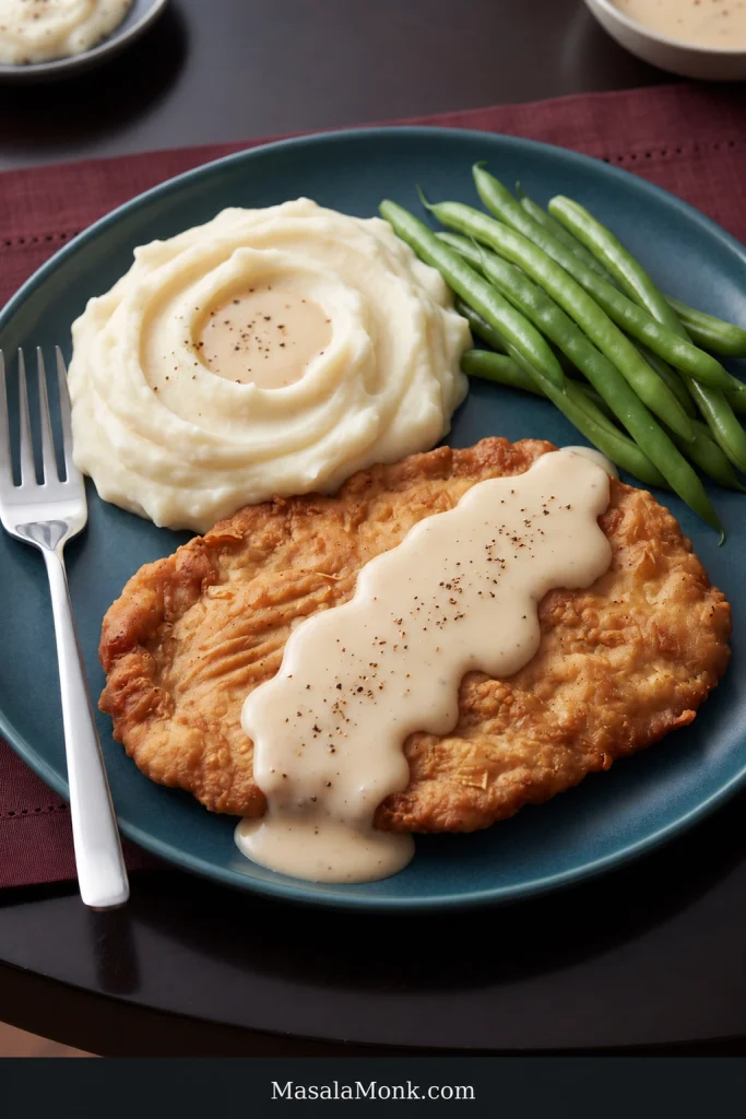 Classic chicken fried steak dinner with pepper gravy, smooth mashed potatoes with gravy and a serving of green beans.