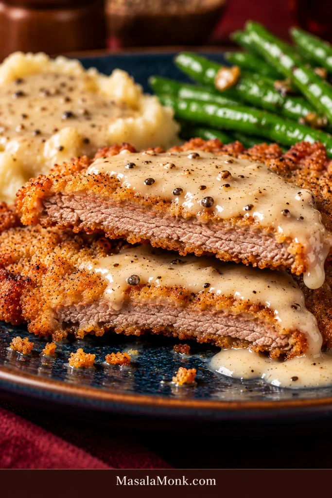 Cut chicken fried steak showing thin cooked beef fibers beneath an attached golden flour crust, with creamy pepper gravy beside the sliced pieces.