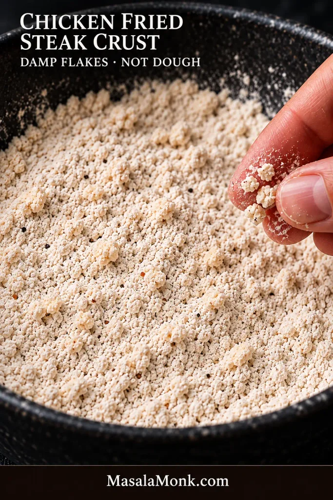 Seasoned flour containing scattered small damp flakes and clumps surrounded by mostly loose dry flour.
