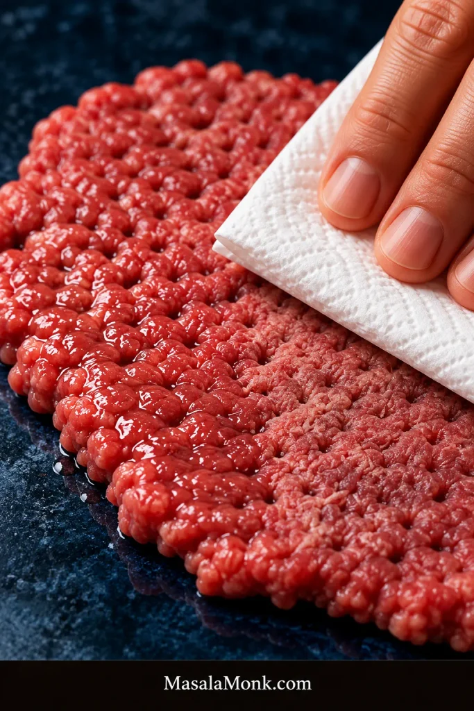 Thin raw cube steak being patted dry before breading, with moisture being removed from the surface.