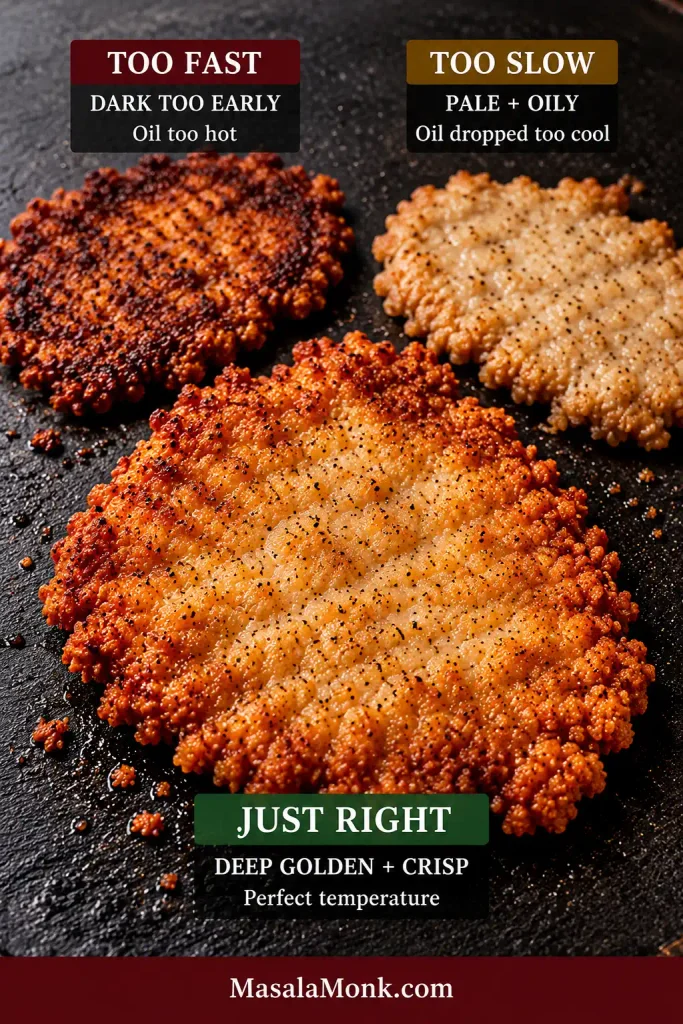 Three chicken fried steaks comparing a dark over-browned result, a pale oily result and a larger deep-golden crisp steak labeled as the correct result.