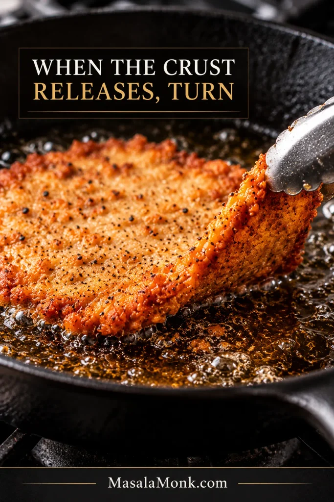 Tongs gently lifting one edge of a golden chicken fried steak to check whether the crust releases from the skillet.