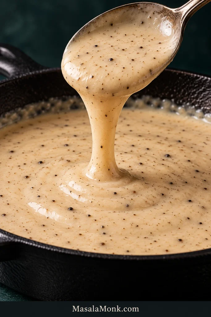 Spoon held above a skillet as creamy black-pepper gravy falls in a broad ribbon and begins flattening into the gravy below.