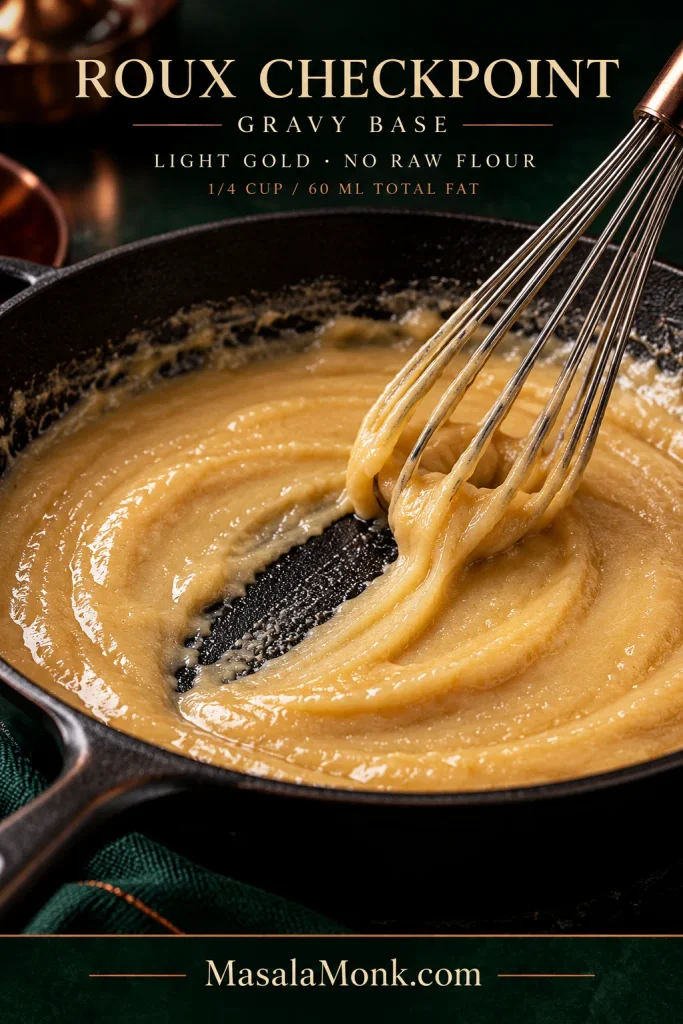 Pale blond roux in a skillet with a whisk leaving a visible track through the smooth flour-and-fat mixture.