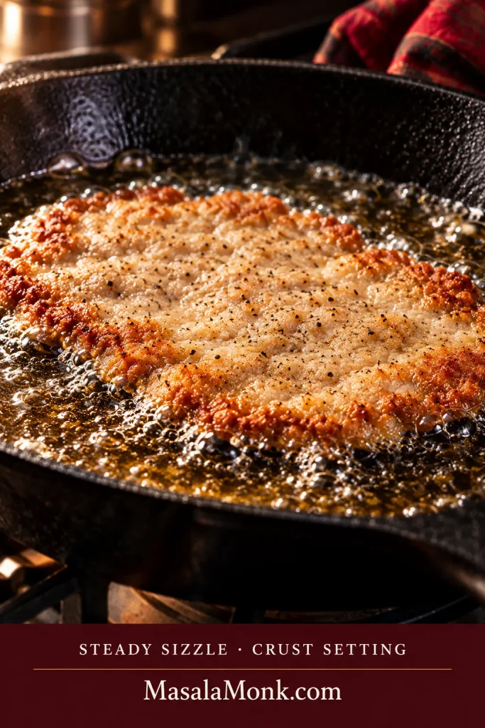 Breaded cube steak frying in shallow oil with steady bubbles around the edges as the coating begins turning golden.