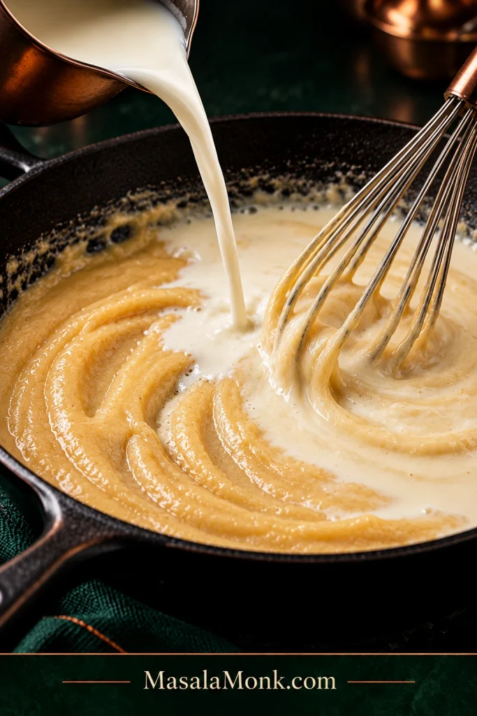 Milk being poured into pale blond roux while a whisk combines the lighter milk with the thicker mixture in the skillet.