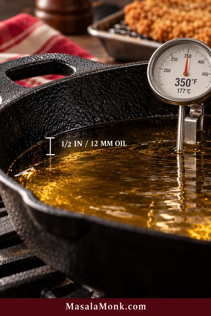 Cast-iron skillet containing shallow frying oil with a thermometer reading 350°F or 177°C and a guide showing about ½ inch or 12 millimeters of oil.