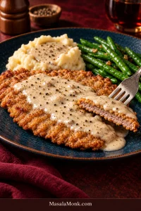 Broad golden chicken fried steak topped through the center with creamy black-pepper gravy, with uncovered crisp edges and a cut section showing cooked beef inside.