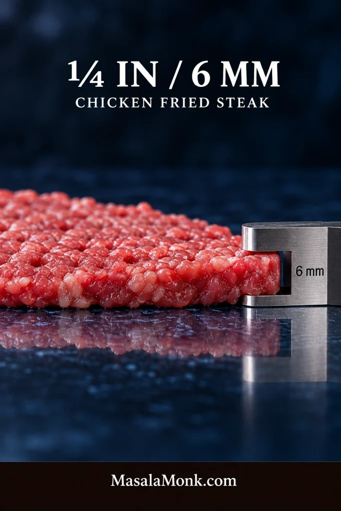 Raw cube steak beside a thickness guide showing approximately ¼ inch, or 6 millimeters.
