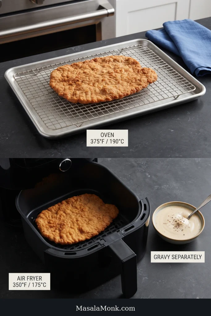 Instructional image showing chicken fried steak on a wire rack for a 375°F oven, another steak in an air fryer labeled 350°F, and pepper gravy kept separately.