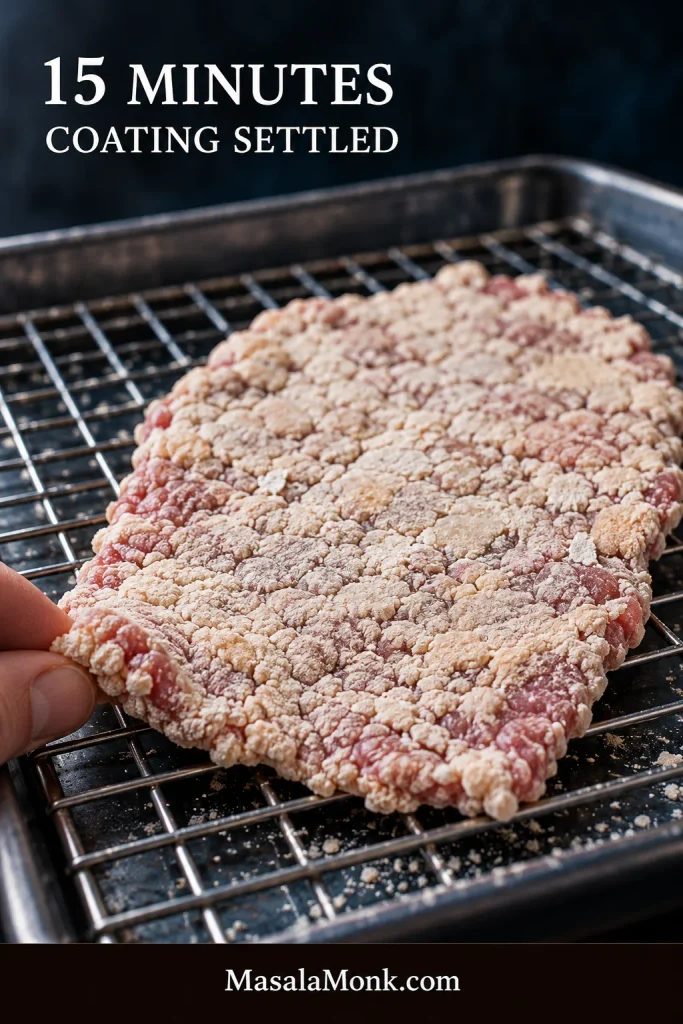 Breaded raw cube steak resting on a tray with a settled flour coating before frying.