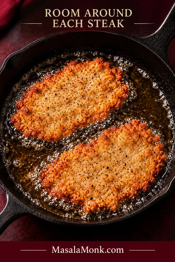 Two breaded cube steaks frying in a skillet with visible open channels of hot oil around and between them.