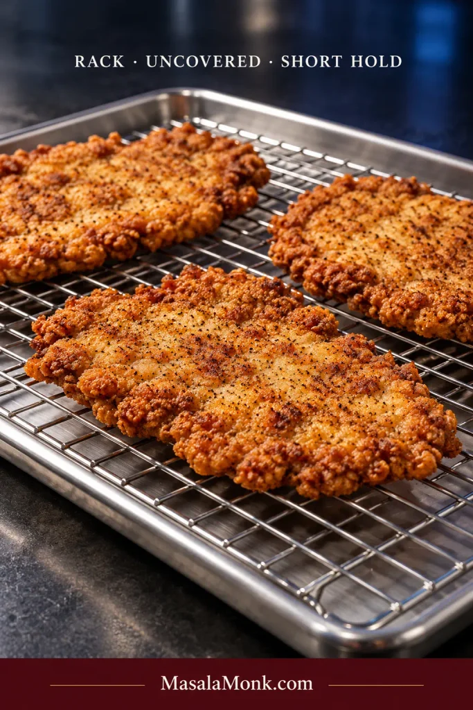 Freshly fried chicken fried steaks resting uncovered in a single layer on a wire rack set over a sheet pan.