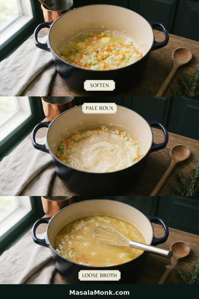 Three-step cooking sequence showing diced onion, celery and carrot softening, flour being stirred into the vegetables, and chicken broth being whisked into the pot.