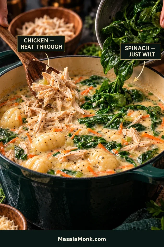 Cooked shredded chicken and fresh spinach being added near the end of cooking to a pot of creamy chicken gnocchi soup.