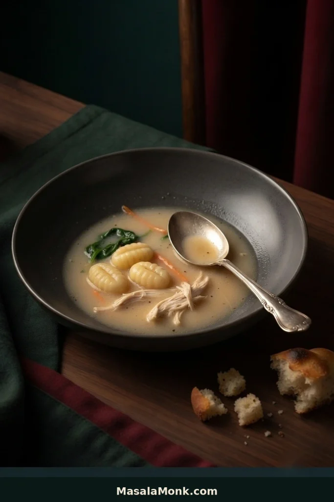 Nearly empty bowl with several potato gnocchi, pieces of chicken, spinach and a small amount of creamy broth remaining, with bread nearby.