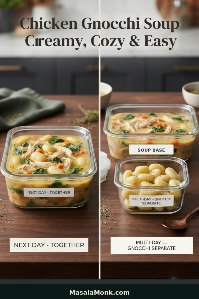 Meal-prep comparison showing finished chicken gnocchi soup stored together for short-term leftovers and soup base with cooked gnocchi stored separately for longer storage.