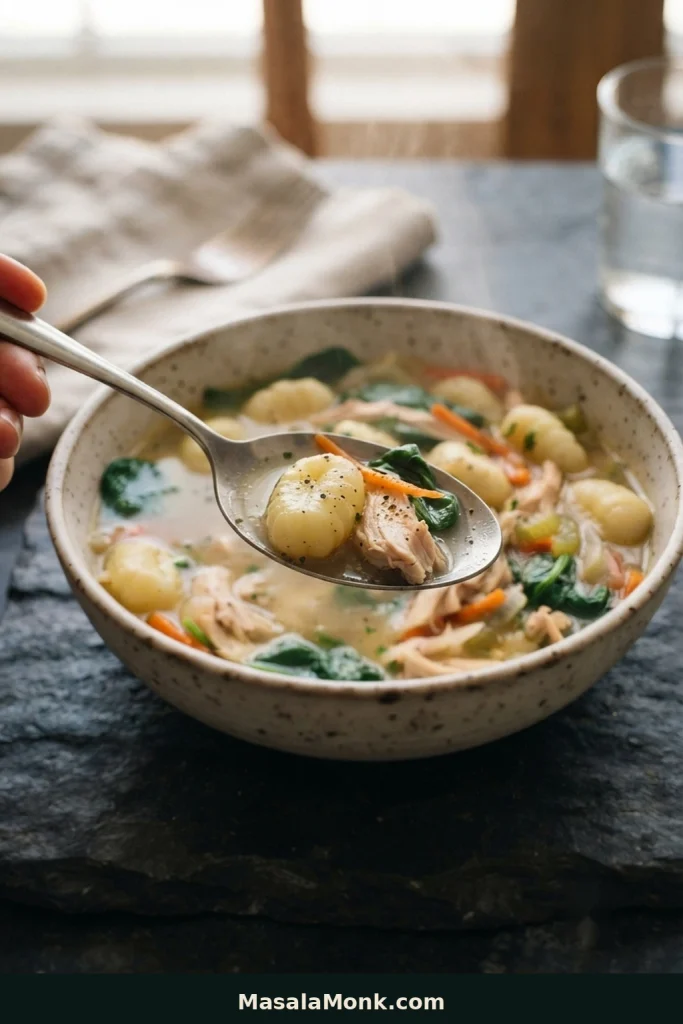 Spoon lifted above creamy chicken gnocchi soup holding a potato gnocchi, shredded chicken, spinach and broth.