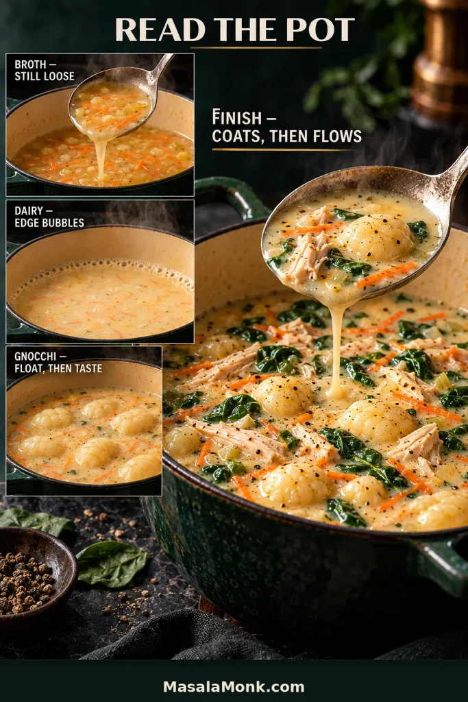 Instructional collage showing loose broth, gentle edge bubbles after dairy is added, floating gnocchi being checked and finished creamy soup flowing from a spoon.