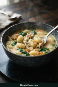 Bowl of creamy chicken gnocchi soup with potato gnocchi, shredded chicken, spinach and thin pieces of carrot visible in the pale broth.