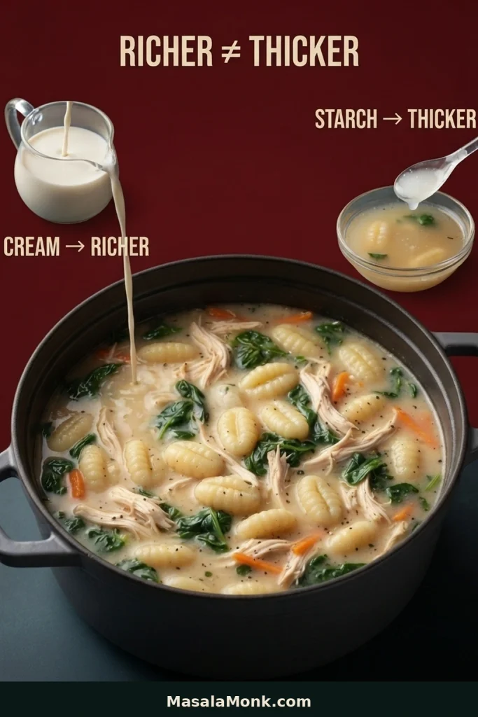 Instructional graphic contrasting cream for added richness with starch for added thickness above a pot of creamy chicken gnocchi soup.