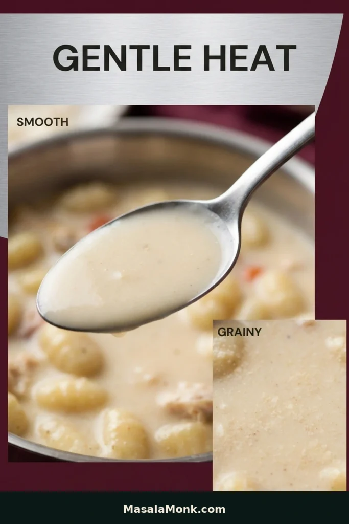Comparison showing smooth creamy soup beside grainy, separated-looking broth caused by excessive heat after dairy was added.