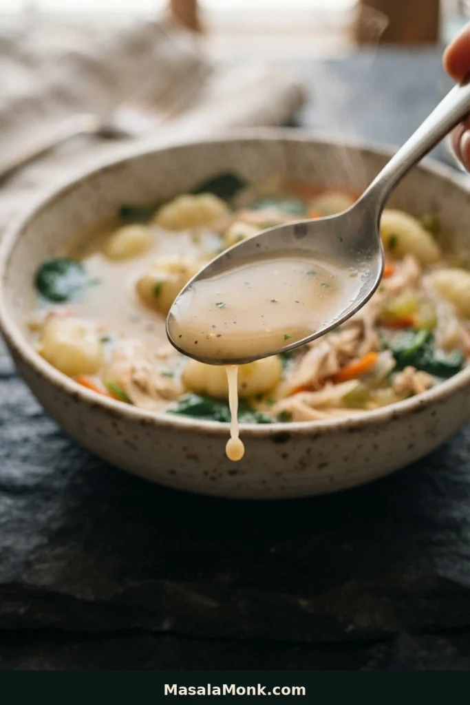 Metal spoon coated with a thin layer of creamy broth above a bowl of chicken gnocchi soup, with broth dripping from the edge.