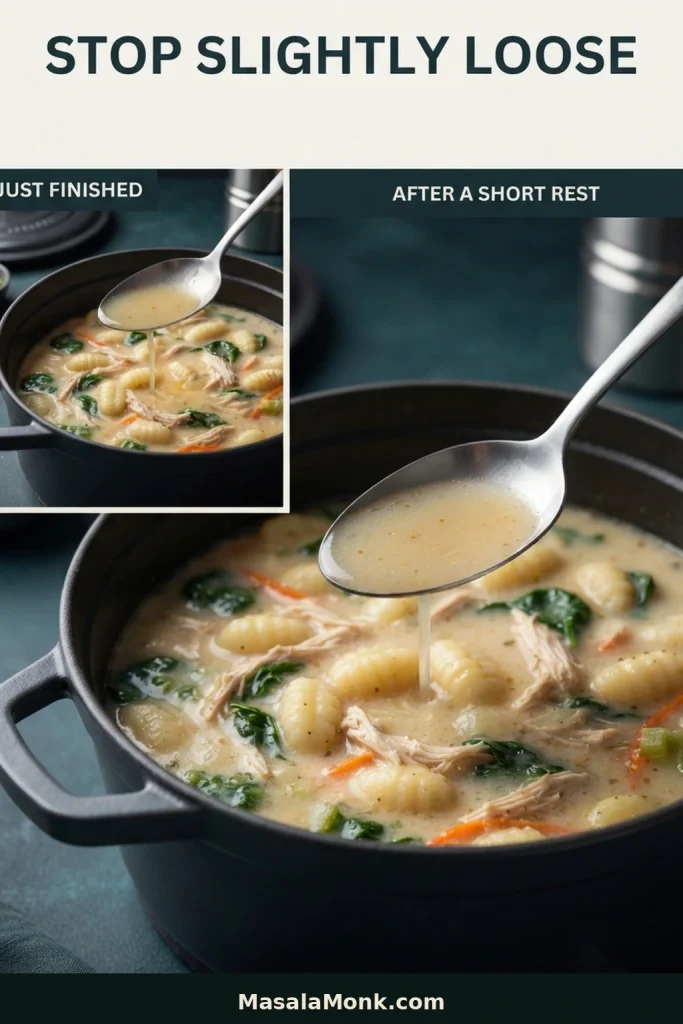 Side-by-side comparison showing chicken gnocchi soup immediately after cooking and the thicker consistency reached after a short rest.