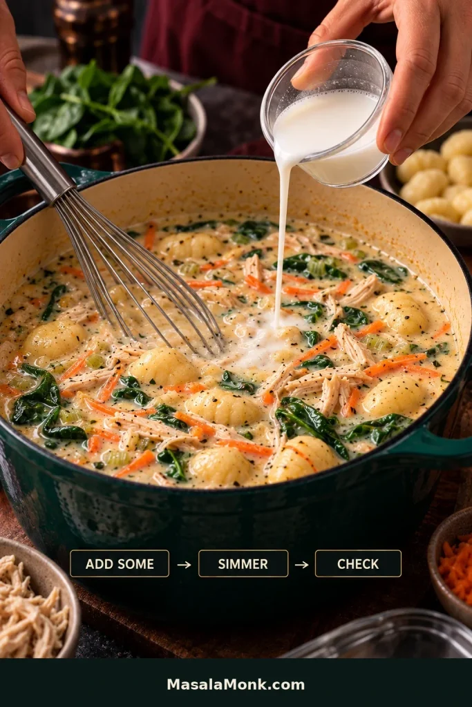 Cornstarch slurry being poured into a pot of chicken gnocchi soup beside a whisk, with the sequence add some, simmer and check.