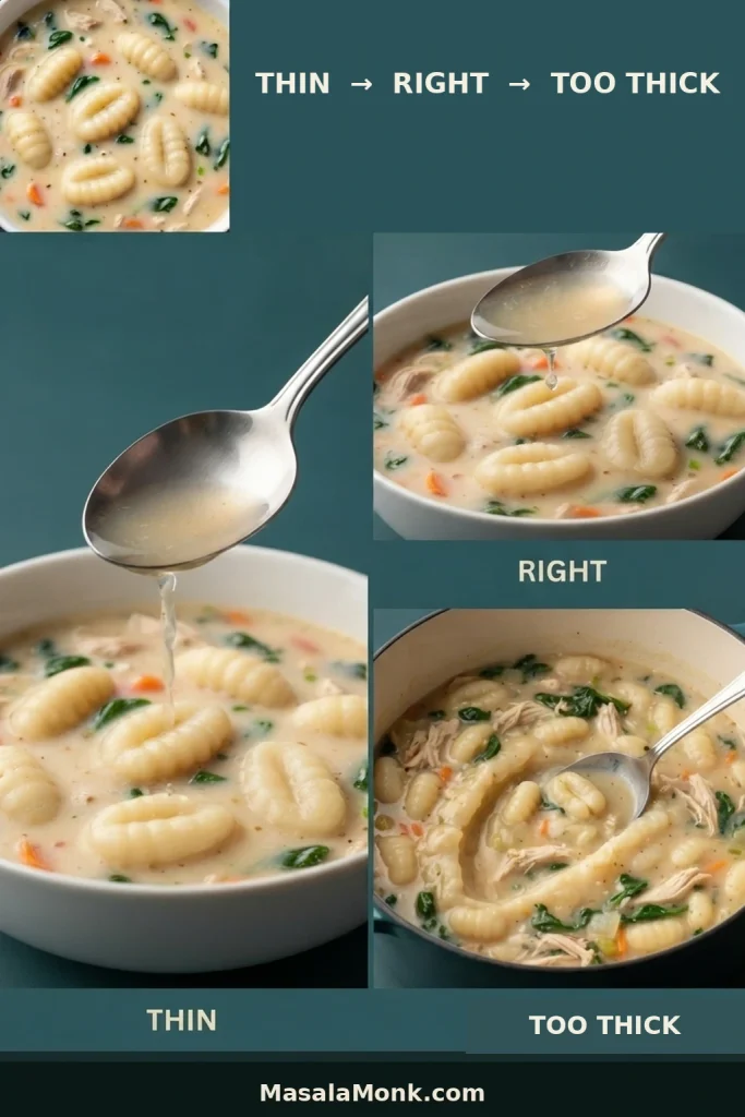 Three-part comparison of chicken gnocchi soup labeled thin, right and too thick, showing progressively heavier broth on spoons.
