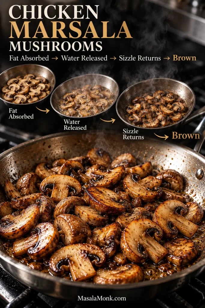 Sliced cremini mushrooms shown through stages of cooking, from absorbing fat and releasing liquid to a final dry-skillet stage with deeply browned edges.