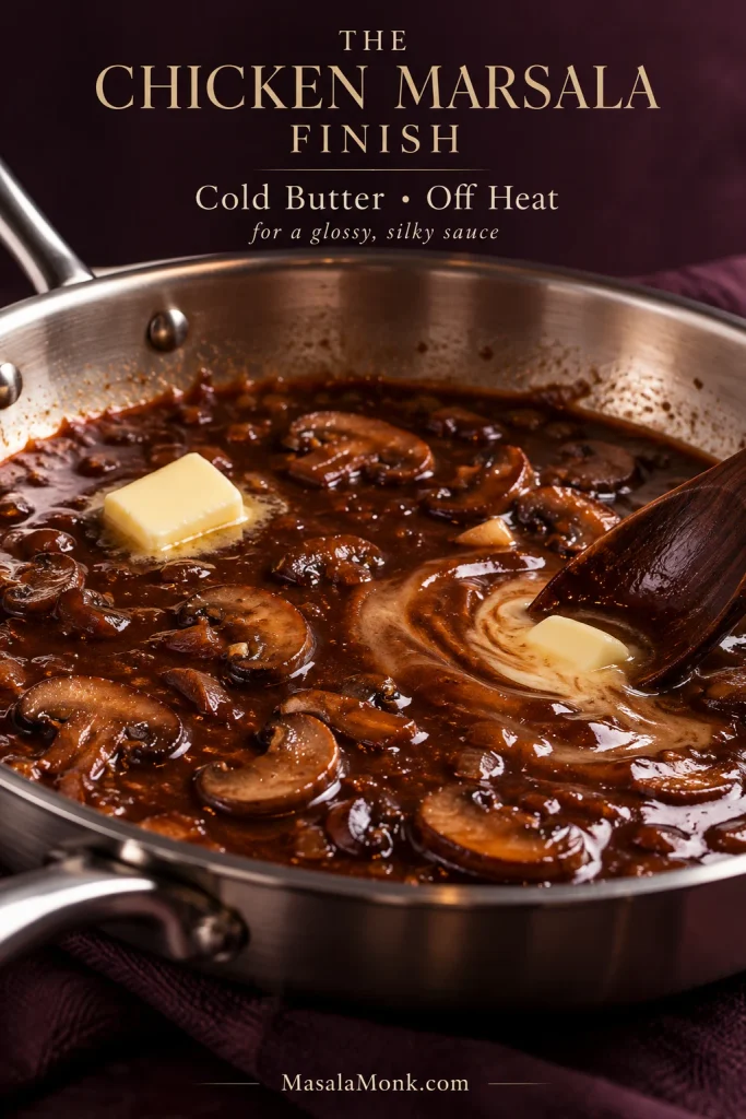 Cold butter pieces being swirled into dark mushroom Marsala sauce in a stainless-steel skillet off the heat, creating a glossy finish.