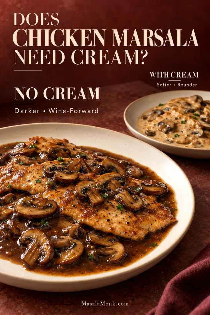 Two versions of Chicken Marsala: a dominant plate with dark no-cream mushroom Marsala sauce and a smaller plate with a pale creamy mushroom sauce.