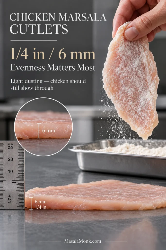 Raw chicken cutlets shown about ¼ inch or 6 mm thick beside a ruler, with a second cutlet receiving a very light dusting of flour.
