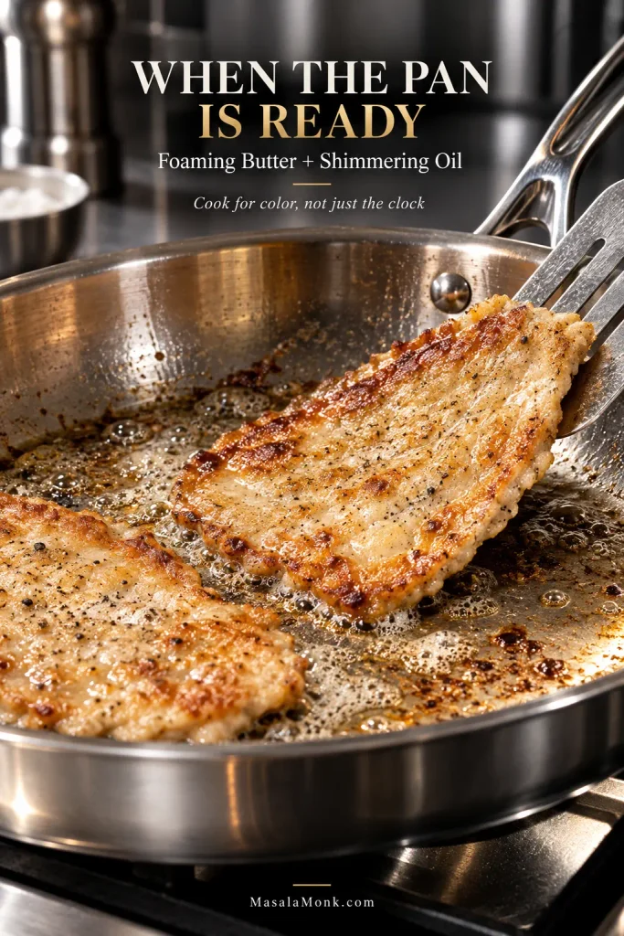 Thin floured chicken cutlets browning in a stainless-steel skillet with foaming butter, shimmering oil and a spatula lifting a golden underside.