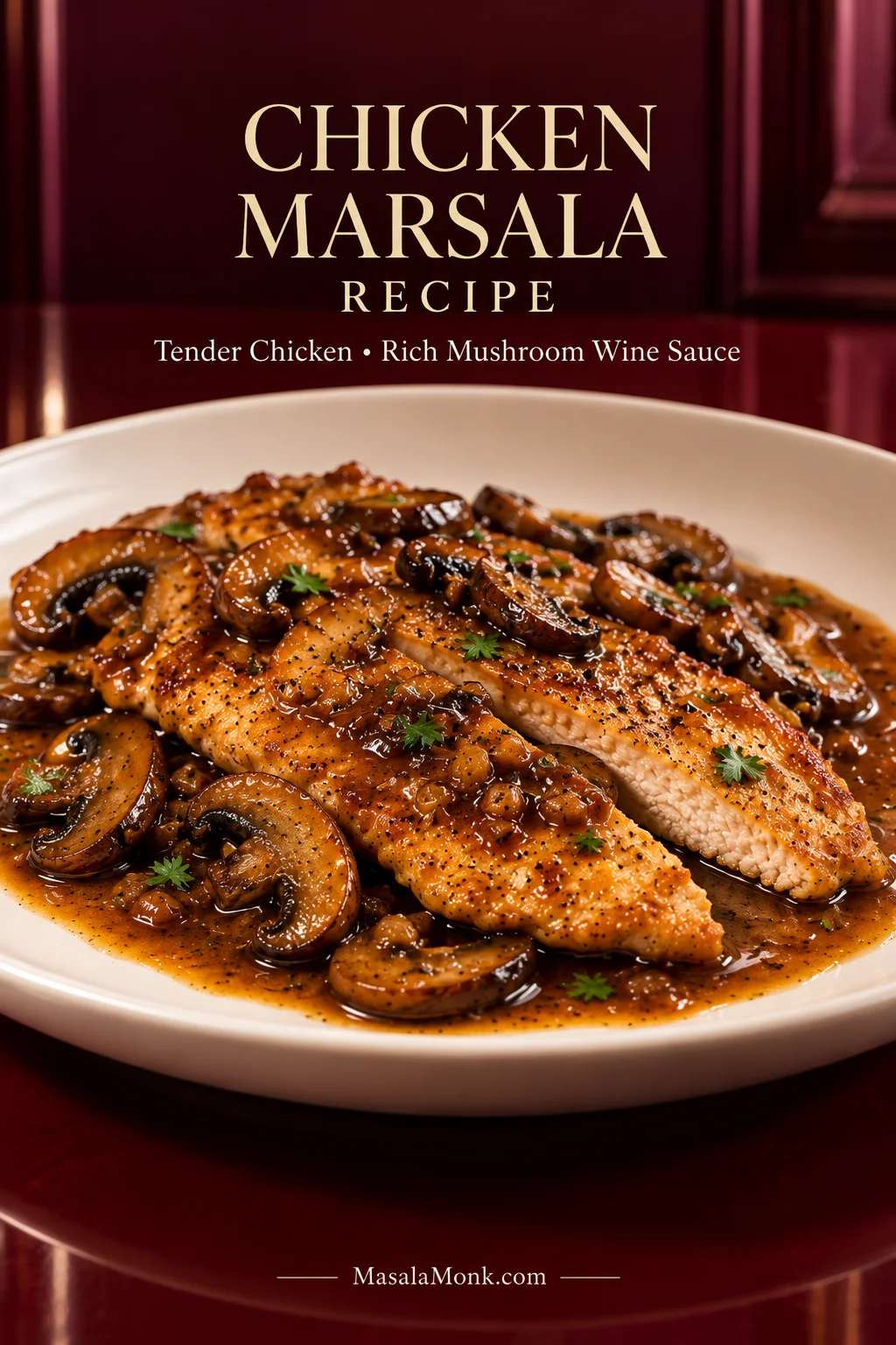 Thin golden Chicken Marsala cutlets on a white plate with browned sliced mushrooms and glossy dark Marsala wine sauce, garnished lightly with parsley.