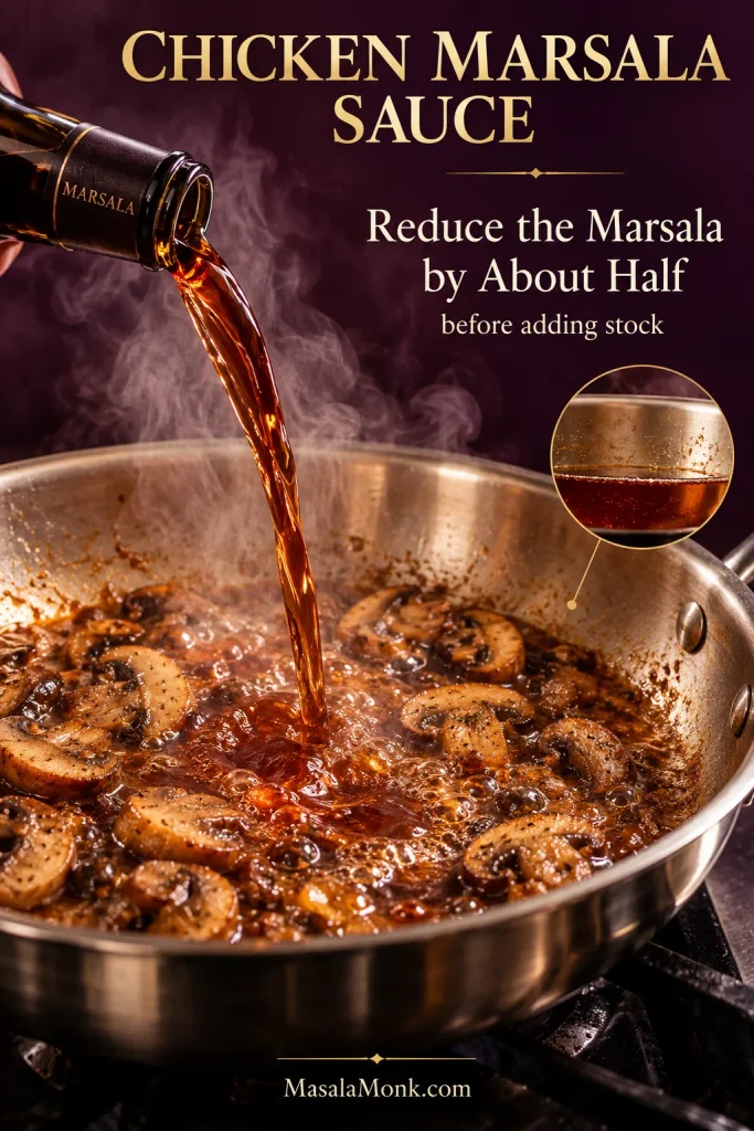 Dry Marsala wine being poured into a hot stainless-steel skillet with browned mushrooms, with a visual cue showing the wine reduced to about half its original level.