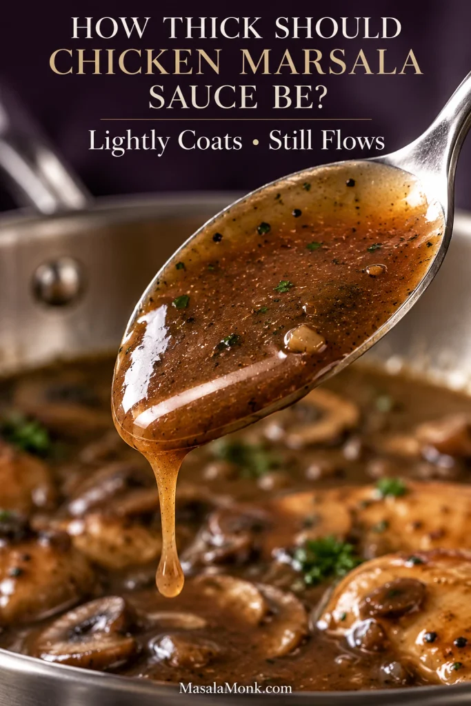Close-up of dark glossy Chicken Marsala sauce lightly coating a metal spoon and dripping back into a skillet in a thin flowing ribbon.