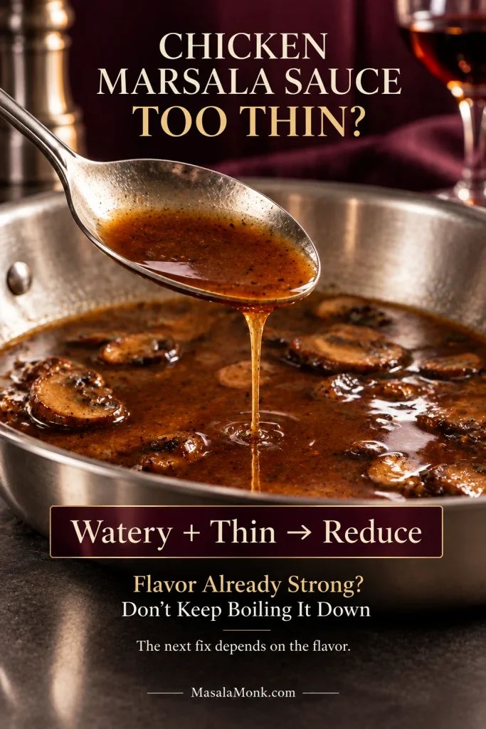 Thin Marsala mushroom sauce dripping in a narrow stream from a spoon over a stainless-steel skillet, with guidance to reduce watery sauce but avoid over-reducing strongly flavored sauce.
