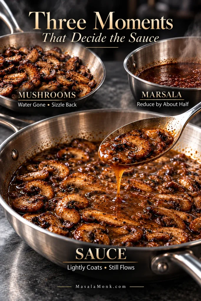 Three cooking stages for Chicken Marsala: browned mushrooms with no pooled water, reduced Marsala in a stainless pan, and glossy mushroom sauce flowing from a spoon.