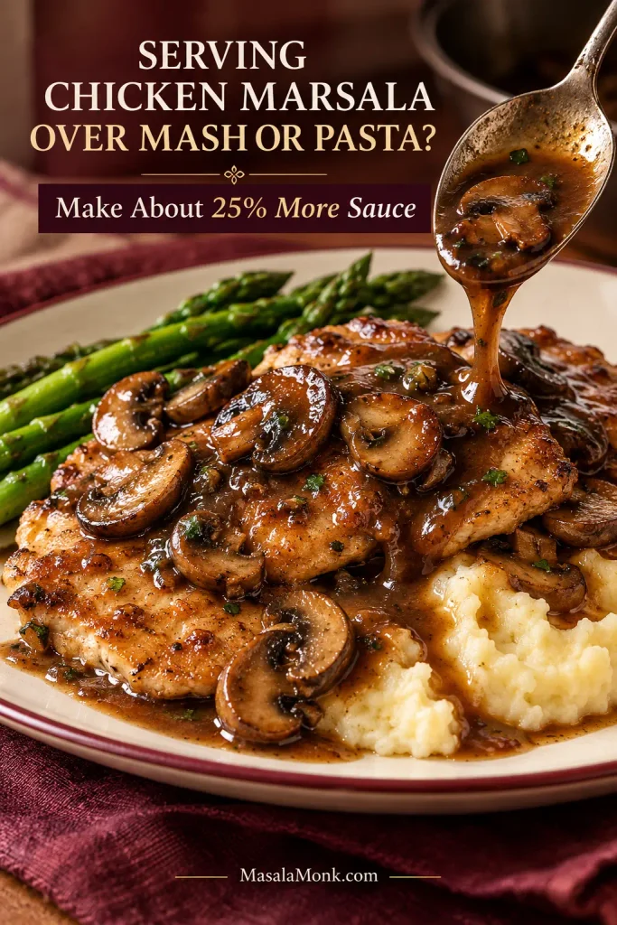 Thin Chicken Marsala cutlets over mashed potatoes with asparagus, browned mushrooms and glossy Marsala sauce being spooned over the chicken and potatoes.